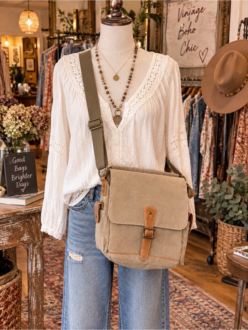 Canvas Crossbody Satchel Bag in Olive with Leather Trim